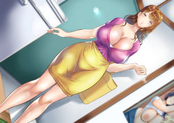 Rule 34 | 1girl, arm at side, bag, blush, breasts, brown hair, carrying, carrying under arm, cleavage, door, dutch angle, feet out of frame, female focus, handbag, highres, huge breasts, indoors, jewelry, legs, light blush, long hair, looking at viewer, ochiyo-san, orange eyes, original, parted lips, poster (object), ring, skirt, solo, thighs, wedding band, yellow skirt