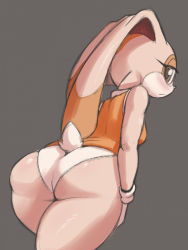 Rule 34 | 1girl, animal ears, ass, blush, brown eyes, rabbit, cooliehigh, cream the rabbit, dress, furry, furry female, gloves, grey background, highres, huge ass, looking back, panties, rabbit ears, rabbit tail, solo, sonic (series), tail, thick thighs, thighs, underwear, white gloves, white panties
