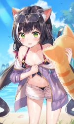 Rule 34 | 1girl, absurdres, animal ear fluff, animal ears, bare shoulders, beach, bikini, black bikini, black hair, blue sky, blush, cat ears, cat tail, cloud, collarbone, day, drawstring, eyewear on head, frown, green eyes, halterneck, highres, holding, innertube, jacket, karyl (princess connect!), karyl (summer) (princess connect!), light rays, long hair, looking at viewer, multicolored hair, navel, off shoulder, open clothes, open fly, open jacket, open mouth, outdoors, princess connect!, purple jacket, short shorts, shorts, sky, solo, standing, stomach, streaked hair, sunbeam, sunglasses, sunlight, swim ring, swimsuit, tail, thighs, tokkyu, v-shaped eyebrows, very long hair, water, wet, white hair, white shorts