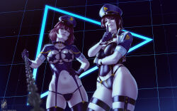 Rule 34 | 2girls, alternate costume, animal ears, artist name, black background, black gloves, black panties, black thighhighs, blurry, blurry foreground, breasts, chain, chain leash, closed mouth, collarbone, dated, dog ears, dominatrix, gloves, gluteal fold, hand on own stomach, hand up, hat, highres, holding, holding leash, hololive, index finger raised, inugami korone, jacket, large breasts, leash, looking at viewer, medium hair, multiple girls, navel, oozora subaru, open clothes, open jacket, panties, police hat, pov, red hair, shiny skin, short sleeves, signature, smile, stomach, themaestronoob, thighhighs, underwear, virtual youtuber
