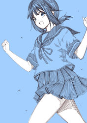 Rule 34 | 10s, 1girl, :d, blue background, blue theme, commentary request, fubuki (kancolle), kantai collection, kouji (campus life), low ponytail, monochrome, open mouth, pleated skirt, ponytail, school uniform, serafuku, short hair, short ponytail, short sleeves, simple background, sketch, skirt, smile, solo