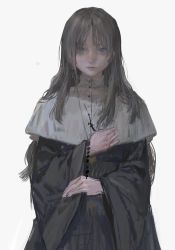 Rule 34 | 1girl, bracelet, brown hair, earrings, grey eyes, habit, highres, holding, holding clothes, jewelry, lips, long hair, long sleeves, looking at viewer, nun, qunqing123, rosary, shaded face, simple background, single earring, solo, traditional nun, white background
