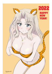 Rule 34 | 1girl, 2022, absurdres, animal ears, animal print, bare shoulders, bikini, blonde hair, blue eyes, blush, breast hold, breasts, chinese zodiac, cleavage, closed mouth, commentary, cowboy shot, english text, girls und panzer, hair intakes, hand in own hair, happy new year, highres, jewelry, kay (girls und panzer), large breasts, leaning forward, long hair, looking at viewer, navel, necklace, new year, orange background, orange bikini, porotto yontouhei, print bikini, simple background, smile, solo, standing, star (symbol), star necklace, strapless, strapless bikini, swimsuit, tail, tiger ears, tiger print, tiger stripes, tiger tail, twitter username, year of the tiger