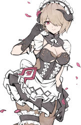 Rule 34 | absurdres, black dress, black gloves, breasts, bridal garter, cleavage, commentary, cowboy shot, dress, fake horns, flower, frills, gloves, hair flower, hair ornament, hair over one eye, hand in own hair, highres, honkai (series), honkai impact 3rd, horns, large breasts, looking at viewer, maid, maid headdress, mole, mole under eye, pantyhose, petals, puffy short sleeves, puffy sleeves, purple eyes, red flower, red rose, rita rossweisse, rita rossweisse (umbral rose), rose, rose petals, short hair, short sleeves, shrug (clothing), smile, solo, thigh strap, white background, yougenko