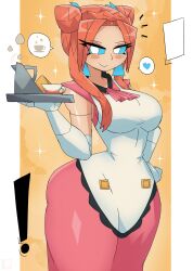 Rule 34 | !, 1girl, blue eyes, blush, breasts, cup, double bun, dress, hair bun, hand on own hip, heart, holding, lara (tony welt), large breasts, long hair, looking at viewer, orange hair, panties, pink dress, short sleeves, smile, sparkle, speech bubble, spoken heart, standing, steam, teacup, teapot, thick thighs, thighs, tony welt, tray, twintails, underwear, white panties, wide hips, yellow background