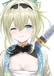 Rule 34 | 1girl, ;), blue eyes, breasts, cleavage, commentary request, green hair, hair between eyes, highres, hololive, holox, katana, kazama iroha, looking at viewer, medium breasts, natsuki (natukituki), one eye closed, sheath, sheathed, simple background, smile, solo, sword, sword behind back, upper body, virtual youtuber, weapon, weapon on back, white background