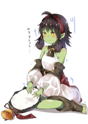 Rule 34 | 1girl, ahoge, bare shoulders, bell, black hair, blush, breasts, caravan stories, closed mouth, colored skin, commentary request, copyright request, detached sleeves, dreamusun, fangs, fangs out, female orc, full body, green skin, hair ornament, hairband, highres, long sleeves, looking away, orange eyes, orc, puffy long sleeves, puffy sleeves, red hairband, red ribbon, ribbon, see-through, see-through sleeves, shadow, shirt, sitting, skirt, sleeveless, sleeveless shirt, small breasts, smile, solo, sweat, translation request, wariza, white background, white shirt, white skirt, x hair ornament