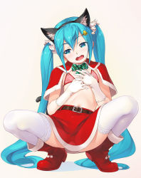 Rule 34 | 1girl, animal ears, bell, belt, blue eyes, blue hair, boots, bra, cat ears, cat tail, christmas, fake animal ears, gloves, hair bell, hair ornament, hatsune miku, highres, long hair, looking to the side, navel, nipples, open mouth, panties, pink bra, pink panties, red footwear, red skirt, skirt, solo, squatting, tail, thighhighs, twintails, underwear, vocaloid, wacchi, white gloves, white thighhighs