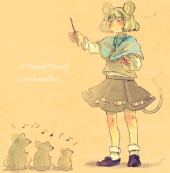 Rule 34 | 1girl, animal ears, beamed eighth notes, blue capelet, blush, brown footwear, capelet, closed eyes, closed mouth, conductor baton, eighth note, full body, grey hair, grey skirt, grey vest, half note, ishidamagu, light smile, long sleeves, mouse (animal), mouse ears, mouse girl, mouse tail, musical note, nazrin, pun, quarter note, shirt, short hair, simple background, skirt, skirt set, socks, solo, standing, tail, touhou, vest, white shirt, white socks, yellow background
