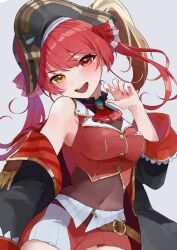 Rule 34 | 1girl, absurdres, bare shoulders, black hat, hat, heterochromia, highres, hololive, houshou marine, looking at viewer, open mouth, red eyes, red hair, smile, solo, twintails, uohara shinji, virtual youtuber, yellow eyes
