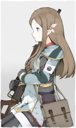 Rule 34 | 1girl, armband, braid, brown hair, from side, gloves, gun, highres, holding, holding weapon, linnkou, long hair, looking to the side, neige lepreton, pantyhose, pouch, purple eyes, rifle, sega, senjou no valkyria (series), senjou no valkyria 4, sidelocks, sitting, sniper rifle, solo, thighs, weapon