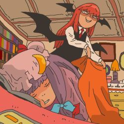 Rule 34 | 2girls, bat wings, blanket, book, bow, crescent, closed eyes, hair bow, hair ornament, hat, head wings, jpeg artifacts, koakuma, long hair, long sleeves, looking at another, lying, mob cap, multiple girls, necktie, on stomach, onikobe rin, patchouli knowledge, purple hair, rape face, red hair, sleeping, smile, touhou, wings