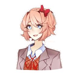 Rule 34 | 1girl, :d, blue eyes, bow, caffe0w0, commentary, doki doki literature club, english commentary, eyes visible through hair, grey jacket, hair bow, jacket, light brown hair, looking at viewer, open mouth, outline, red bow, sayori (doki doki literature club), school uniform, short hair, simple background, smile, solo, upper body, white background