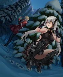 Rule 34 | 1boy, 1girl, belt, black gloves, blonde hair, blush, capelet, chinese commentary, clothing cutout, commander (girls&#039; frontline), commentary request, crossed bangs, crying, crying with eyes open, destroyer (girls&#039; frontline), dutch angle, fur-trimmed capelet, fur trim, gift, girls&#039; frontline, gloves, hair between eyes, highres, miniskirt, moran (pixiv27824646), multicolored hair, outdoors, pine tree, red capelet, revision, sangvis ferri, side cutout, silver hair, skin tight, skirt, snow, streaked hair, tears, tree, twintails, yellow eyes