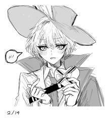 Rule 34 | 1boy, ashi (dongshi389), blush, box, cape, cavalier hat, coat, collared shirt, finger heart, greyscale, hat feather, heart-shaped box, highres, holding, holding box, limbus company, looking at viewer, male focus, monochrome, necktie, open mouth, project moon, shirt, sinclair (project moon), solo, valentine, wing collar