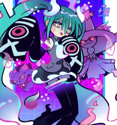 Rule 34 | 1girl, aqua hair, black thighhighs, commentary, creatures (company), detached sleeves, game freak, gen 2 pokemon, gen 4 pokemon, ghost, ghost miku (project voltage), glitch, gradient hair, grey shirt, hair between eyes, hatsune miku, highres, keijou (cave), looking at viewer, misdreavus, mismagius, multicolored hair, necktie, nintendo, pokemon, pokemon (creature), project voltage, shirt, skirt, sleeves past fingers, sleeves past wrists, thighhighs, tongue, tongue out, twintails, vocaloid, will-o&#039;-the-wisp (mythology), yellow eyes