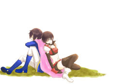 Rule 34 | 1boy, 1girl, black hair, boots, breasts, brother and sister, cape, choker, elbow gloves, gloves, leon magnus, midriff, navel, pants, rutee katrea, shoes, siblings, sleeping, tales of (series), tales of destiny, thighhighs