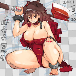 Rule 34 | 1990s (style), 1girl, anklet, axe, barefoot, breasts, brown eyes, brown hair, chain, collar, curly hair, fate (series), final fantasy, final fantasy v, heracles (fate), jewelry, large breasts, matsuri (takayama toshinori), multicolored hair, nail polish, original, plump, retro artstyle, solo, squatting, takayama toshinori, thick thighs, thighs, two-tone hair, weapon