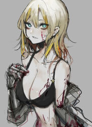 Rule 34 | 1girl, absurdres, bags under eyes, black bra, blonde hair, blood, blood in hair, blood on body, blood on breasts, blood on face, blue eyes, bra, breasts, chuhaibane, closed mouth, faust (project moon), gauntlets, grey background, highres, large breasts, limbus company, looking at viewer, multicolored hair, parted lips, project moon, simple background, solo, streaked hair, underwear, white hair