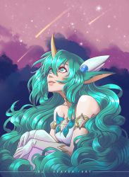 Rule 34 | 1girl, absurdres, alternate costume, alternate eye color, alternate hair color, alternate hairstyle, bare shoulders, breasts, gloves, green eyes, green hair, highres, horns, league of legends, lips, long hair, looking at viewer, magical girl, medium breasts, single horn, solo, soraka (league of legends), star guardian (league of legends), star guardian soraka, thighhighs, very long hair, white gloves, white thighhighs