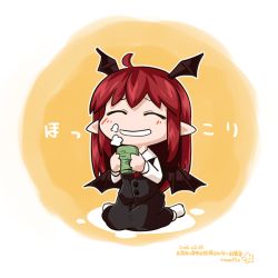 Rule 34 | 1girl, :d, ^ ^, ahoge, bat wings, blush, byourou, chibi, closed eyes, cup, dated, dress shirt, grin, happy, head wings, koakuma, long hair, long sleeves, necktie, open mouth, orange background, pointy ears, red hair, shirt, simple background, sitting, skirt, skirt set, smile, solo, steam, teacup, touhou, translation request, vest, wariza, white shirt, wings