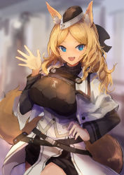 Rule 34 | 1girl, :d, absurdres, animal ears, arknights, armor, belt, black hat, black shorts, blonde hair, blue eyes, blurry, blurry background, blush, breastplate, breasts, capelet, cowboy shot, depth of field, fang, garrison cap, hand on own hip, hat, highres, horse ears, horse girl, horse tail, large breasts, long hair, long sleeves, open mouth, parted bangs, short shorts, shorts, smile, solo, tail, trrcmb, underbust, v-shaped eyebrows, waving, whislash (arknights), white capelet