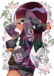 Rule 34 | 1girl, arms behind head, bazumi, breasts, brown trim, closed mouth, colored tips, covered erect nipples, dolphin shorts, floral background, green eyes, green hair, grey jacket, grey shorts, highres, inkling, inkling girl, inkling player character, jacket, large breasts, leaf print, long hair, looking at viewer, multicolored hair, nintendo, red hair, shorts, smile, solo, splatoon (series), standing, tentacle hair, two-tone hair, white background