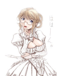 Rule 34 | 1girl, blonde hair, blue eyes, breast hold, breasts, bridal gauntlets, character request, cleavage, cleavage cutout, clothing cutout, dress, funaya sakichi, glasses, gown, granado espada, hair rings, hand on own chin, large breasts, mole, puffy sleeves, solo, wedding dress