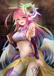 Rule 34 | 1girl, absurdres, angel wings, artist request, asymmetrical legwear, blush, book, breasts, commentary request, spiked halo, crop top, cross, drooling, feathered wings, gradient hair, halo, highres, holding, holding book, huge filesize, jibril (no game no life), large breasts, long hair, low wings, magic circle, midriff, mismatched legwear, multicolored hair, navel, no game no life, pink hair, saliva, sideboob, solo, stomach, symbol-shaped pupils, tattoo, very long hair, white wings, wing ears, wings
