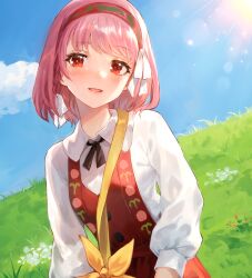 Rule 34 | 1girl, bag, blush, braid, casual, collared shirt, commentary, fire emblem, fire emblem engage, hair ribbon, hairband, highres, jurge, lapis (fire emblem), long sleeves, looking at viewer, nintendo, official alternate costume, open mouth, pink eyes, pink hair, ribbon, shirt, short hair, side braid, smile, solo, strap, swept bangs, white ribbon, white shirt