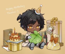 Rule 34 | 1boy, arknights, bag, black footwear, black hair, bottle, brown coat, cabbage, cake, chibi, coat, commentary request, dark-skinned male, dark skin, eating, elysium (arknights), english text, food, food in mouth, gift, gloves, grey pants, happy birthday, highres, holding, holding food, korean commentary, male focus, pants, shadow, short hair, simple background, thorns (arknights), urchin104, white gloves, yellow background, yellow eyes