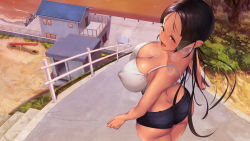 Rule 34 | 1girl, aomizuan, ass, bare shoulders, black hair, blush, breasts, breath, cleavage, covered erect nipples, dimples of venus, embarrassed, female focus, from above, from behind, highres, house, koumi-jima: shuu 7 de umeru mesu-tachi, large breasts, legs, long hair, looking at viewer, looking back, midriff, open mouth, original, outdoors, park, pink eyes, sand, seesaw, short shorts, shorts, solo, stairs, standing, swept bangs, tan, tank top, thighs, twintails, water, white tank top
