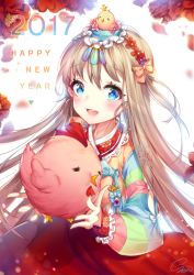 Rule 34 | 1girl, 2017, animal, bird, blue eyes, blush, brown hair, chick, chicken, happy new year, holding, holding animal, long hair, looking at viewer, new year, original, parted lips, smile, snow is, solo