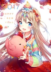 1girl 2017 animal bird blue_eyes blush brown_hair chick chicken happy_new_year holding holding_animal long_hair looking_at_viewer new_year original parted_lips smile snow_is solo