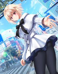 Rule 34 | 1girl, arcueid brunestud, black pantyhose, blonde hair, blue sky, blush, breasts, capelet, cityscape, dress, highres, large breasts, long sleeves, looking at viewer, outstretched arm, pantyhose, red eyes, short hair, sky, smile, solo, thighs, tsukihime, white capelet, white dress, youshuu