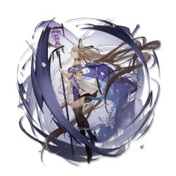 Rule 34 | 1girl, absurdly long hair, arknights, bare shoulders, black footwear, black nails, black thighhighs, border, breasts, dress, elite ii (arknights), from side, full body, grey eyes, highres, holding, holding staff, indigo (arknights), long hair, looking at viewer, nail polish, official art, pointy ears, profile, round border, shoes, short dress, silver hair, small breasts, solo, staff, thigh strap, thighhighs, transparent background, very long hair, white dress, zettai ryouiki, zhibuji loom
