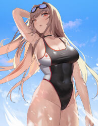 Rule 34 | 1girl, arm up, black one-piece swimsuit, blue sky, breasts, cleavage, clothes writing, covered navel, goddess of victory: nikke, goggles, goggles on head, highres, large breasts, light brown hair, logo, long hair, multicolored clothes, multicolored swimsuit, one-piece swimsuit, orange eyes, outdoors, pumi puru, rapi (classic vacation) (nikke), rapi (nikke), skin tight, sky, solo, swimsuit, very long hair, water, white one-piece swimsuit, wide hips