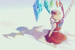 Rule 34 | 1girl, blonde hair, dated, different shadow, facing away, flandre scarlet, from behind, gradient background, grey background, hat, light particles, lummy (merry dial), mob cap, no shoes, remilia scarlet, short hair, short sleeves, side ponytail, signature, sitting, skirt, skirt set, solo, symbolism, touhou, wariza, wings