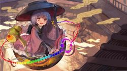 Rule 34 | 1girl, :d, black gloves, bowl, bowl hat, fingerless gloves, gloves, hand on headwear, hat, highres, in container, japanese clothes, kimono, long sleeves, looking at viewer, miracle mallet, needle sword, open mouth, outdoors, purple hair, red eyes, red kimono, scenery, short hair, smile, solo, sukuna shinmyoumaru, touhou, volvox819, wide sleeves