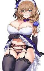 Rule 34 | 1girl, arm support, black gloves, black thighhighs, blush, breasts, brown hair, cleavage, clothes lift, curvy, elbow gloves, frills, garter belt, garter straps, genshin impact, gloves, green eyes, hair between eyes, hair over shoulder, highres, lace trim, large breasts, legs together, lisa (genshin impact), long hair, looking at viewer, low neckline, low tied hair, maid headdress, navel, ndgd, simple background, skirt, skirt lift, smile, solo, thick thighs, thighhighs, thighs, white background