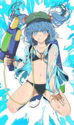 Rule 34 | 1girl, alternate costume, bare shoulders, bikini, black bikini, blouse, blue eyes, blue hair, blunt bangs, blush, breasts, bright pupils, collarbone, commentary request, eyelashes, fingernails, green headwear, grin, hair bobbles, hair ornament, hand on own thigh, highres, holding, holding water gun, kawashiro nitori, kerok (joniko1110), key, long sleeves, medium breasts, navel, open clothes, open shirt, see-through, see-through shirt, shirt, short hair, simple background, smile, solo, stomach, swimsuit, teeth, thighs, touhou, two side up, water gun, white background, white pupils