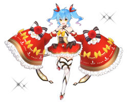 Rule 34 | 1girl, bare shoulders, blue hair, boots, breasts, brown eyes, collarbone, commentary request, detached sleeves, frilled skirt, frilled sleeves, frills, gyozanuko, hair between eyes, highres, long sleeves, medium breasts, original, red skirt, sidelocks, simple background, skirt, sleeves past fingers, sleeves past wrists, solo, sparkle, standing, standing on one leg, strapless, thigh boots, thighhighs, twintails, white background, white footwear, white thighhighs, wide sleeves