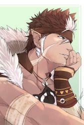 Rule 34 | 1boy, arm tattoo, bara, brown hair, dark-skinned male, dark skin, elbow rest, facial hair, goatee, ig1119, jewelry, long sideburns, looking to the side, male focus, mature male, multicolored hair, muscular, muscular male, necklace, pectorals, pointy ears, short hair, sideburns, solo, spiked hair, tangaroa (housamo), tattoo, tokyo houkago summoners, tooth necklace, tribal, tribal tattoo, two-tone hair, upper body, white hair, yellow eyes