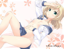 Rule 34 | 1girl, aqua eyes, arm up, blonde hair, blush, breasts, collarbone, copyright name, hand on own head, hand on own stomach, ishitobi kanna, long sleeves, navel, nobu (10405632), nobu (nobu4133), off shoulder, open clothes, open mouth, pleated skirt, saki (manga), shinohayu the dawn of age, shirt, skirt, small breasts, solo
