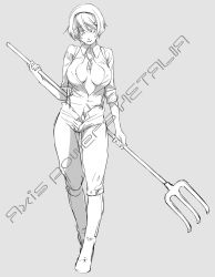 Rule 34 | 00s, 1girl, axis powers hetalia, breasts, center opening, clariss, greyscale, hair ornament, hairband, hairclip, highres, holding, holding pitchfork, kirimochi niwe, large breasts, looking down, monochrome, open clothes, open shirt, overalls, pitchfork, shirt, short hair, sleeves rolled up, solo, suspenders, ukraine (hetalia)