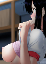 Rule 34 | 1girl, black hair, blush, box, bra, bra lift, breasts, brown eyes, closed mouth, clothes lift, commentary request, exhibitionism, fingernails, flashing, from side, gym shirt, gym uniform, hands up, highres, indoors, large breasts, lifting own clothes, long fingernails, long hair, looking away, nipples, nori tamago, nose blush, original, pink bra, profile, public indecency, pulling own clothes, shirt, shirt hold, shirt lift, short sleeves, solo, sweat, sweatdrop, underwear, white shirt
