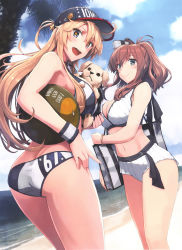 Rule 34 | 2girls, :d, absurdres, ass, bag, baseball cap, beach, bikini, blonde hair, blue eyes, bracelet, breasts, brown hair, butt crack, cleavage, cloud, cloudy sky, day, dog, dutch angle, hair between eyes, hat, highres, iowa (kancolle), jewelry, kantai collection, large breasts, long hair, looking at viewer, looking back, multiple girls, navel, open mouth, outdoors, ponytail, saratoga (kancolle), scan, shizuma yoshinori, shoulder bag, sidelocks, sky, smile, star-shaped pupils, star (symbol), swimsuit, symbol-shaped pupils, white bikini, wristband