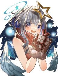Rule 34 | 1girl, absurdres, amane kanata, angel wings, blue eyes, blue hair, blush, bob cut, brown gloves, colored inner hair, cropped torso, dress, enpera, fur-trimmed gloves, fur trim, gift, gloves, halo, highres, holding, holding gift, hololive, looking at viewer, multicolored hair, open mouth, red dress, red scarf, rin31153336, santa dress, scarf, short hair, short hair with long locks, sidelocks, silver hair, sky, smile, solo, star (sky), star halo, starry sky, upper body, virtual youtuber, wings
