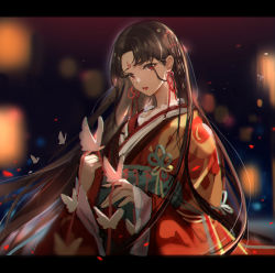 Rule 34 | 1girl, absurdres, blurry, blurry background, brown hair, bug, butterfly, character request, chromatic aberration, floating hair, hair intakes, highres, insect, japanese clothes, kimono, letterboxed, long hair, long sleeves, looking at viewer, mole, mole under eye, parted lips, red eyes, red kimono, solo, standing, very long hair, wenquangua