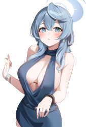 Rule 34 | 1girl, absurdres, ako (blue archive), ako (dress) (blue archive), blue archive, blue dress, blue eyes, blue hair, blue halo, blush, breasts, cowboy shot, cuffs, dress, enpido, hair between eyes, halo, handcuffs, highres, large breasts, long hair, looking at viewer, official alternate costume, parted lips, sideboob, simple background, sleeveless, sleeveless dress, solo, white background